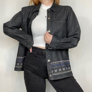 Vintage 90s Denim & Co. Medium 100% Cotton Floral Embroidered Jean Denim Jacket